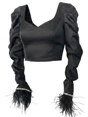 Black Satin Feather Sleeve Crop Top | Rhinestone Cuff | Party Night Out
